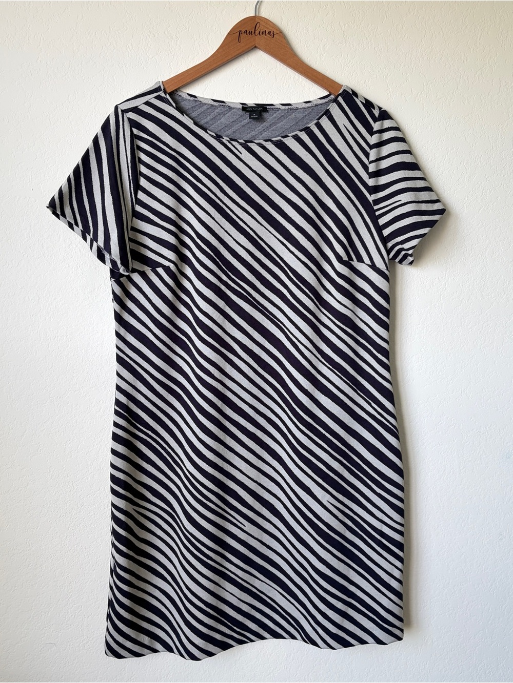 Ann Taylor Dress Womens Size 14 Navy Striped Short Sleeve Shift Career Casual